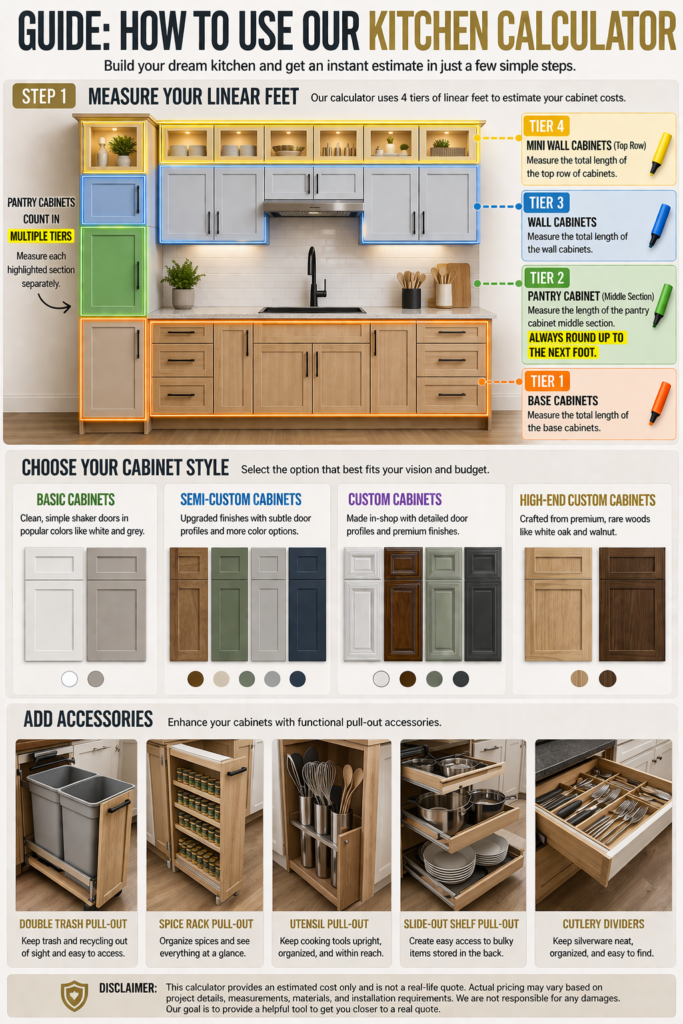 how to measure linear feet for a kitchen cabinet remodel

this image helps how to use our kitchen cost calculator at modernhomebuilds.com/kitchencalculator

describes in images how the kitchen cabinets are organized in tiers with different sample materials from basic builder grade to high end custom grade cabinets

also shows the main accessory add ons and upgrades that can be obtained for each cabinet in various sizes